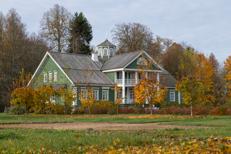PUSHKINSKIYE GORY, RUSSIA - OCTOBER 18, 2024: View of the main manor house of the Gannibal family estate Petrovskoye on a cloudy October morningのeditorial素材