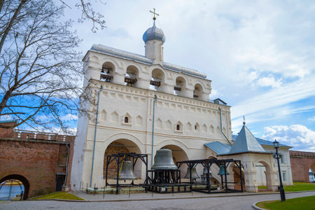 VELIKY NOVGOROD, RUSSIA - The bell tower of St. Sophia Cathedral in the Novgorod Kremlin on a cloudy...