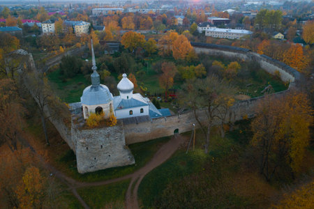 Porkhov fortress close-up on October evening. Rskov region, Russiaの写真素材
