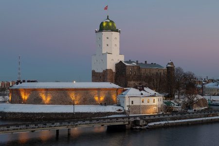 VYBORG, RUSSIA - DECEMBER 24, 2024: View of the ancient Vyborg Castle in November twilightのeditorial素材