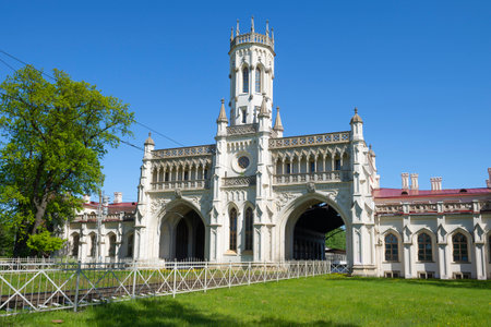 The ancient building of the railway station Novy Peterhof (1855-1857, NL Benua) on a sunny May day. Petrodvorets, Russiaの写真素材