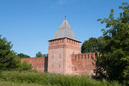 Ancient defensive tower and wall in a summer landscape on a sunny July day. Smolensk Fortress, Russiaの写真素材