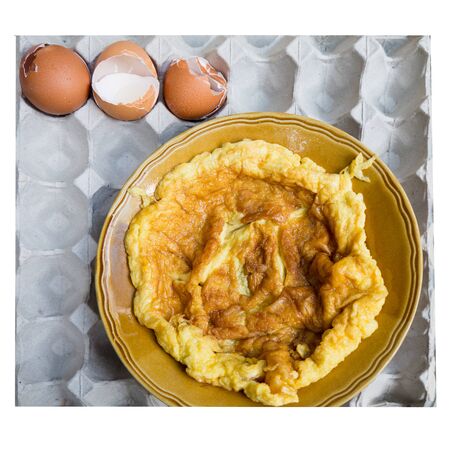 Thai Style Omelet in dish on panel eggs with white border background