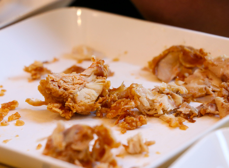 Scraps of fried chicken in a dishの写真素材