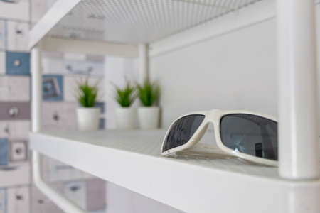The sunglasses were placed on the shelf