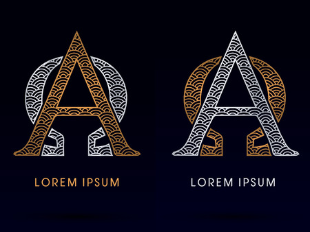 Alpha and Omega Luxury font designed using gold and blue line concept shape from water river sea ocean fish scale logo symbol icon graphic vector.のイラスト素材