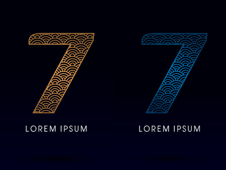 7 Number Luxury font designed using gold and blue line concept shape from water river sea ocean fish scale logo symbol icon graphic vector.のイラスト素材