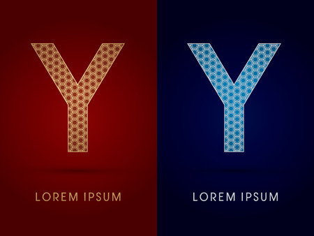 Y Luxury font designed using gold and silver geometric on dark red and dark blue background concept shape from screws hexagon honeycomb jewelry gems logo symbol icon graphic vector.のイラスト素材