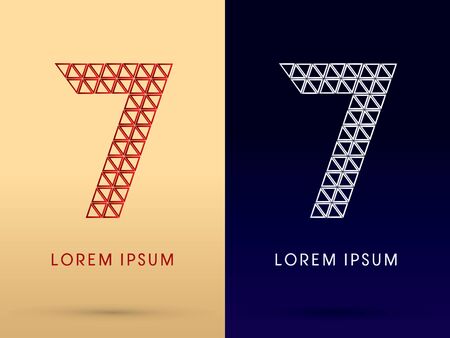 7 Number Luxury font designed using red and silver triangle geometric shape on gold and dark blue background concept shape from jewelry diamond gems logo symbol icon graphic vector.のイラスト素材