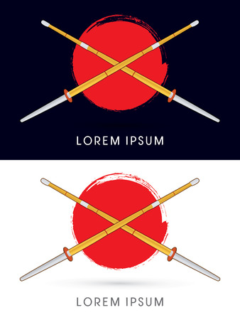 Kendo shinai bokuto sword on red grunge brush circle background  logo symbol icon graphic vector.のイラスト素材