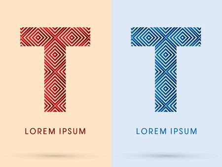 T Luxury font designed using red and blue line square geometric shape hot and cool tone symbol icon graphic vector.のイラスト素材