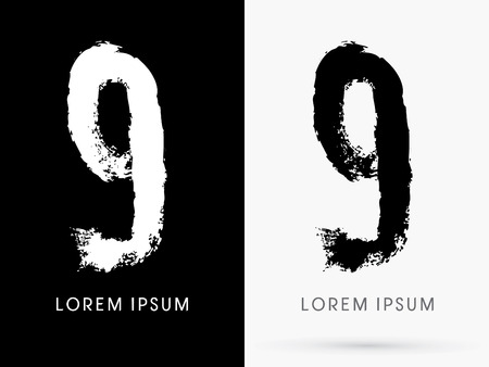 9 Number grunge brush freestyle font designed using black and white handwriting line shape logo symbol icon graphic vector.のイラスト素材