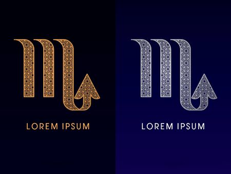 Scorpio Luxury Zodiac sign designed using gold and silver triangle geometric shape on dark background logo symbol icon graphic vector.のイラスト素材