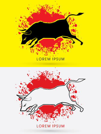Charging Bull, fighting on splash grunge bush background ,sign ,logo, symbol, icon, graphic, vector.のイラスト素材
