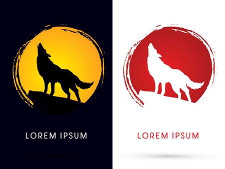 Silhouette Howling wolf with line moon light, Designed using grunge brush sign ,logo, symbol, icon, graphic, vector.のイラスト素材