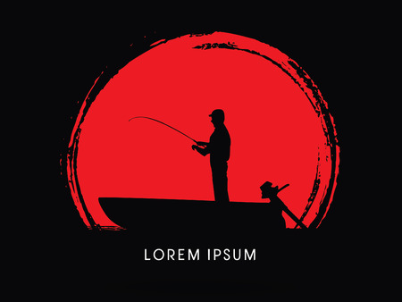 Silhouette, Fishing on the boat, on sunset or sunrise  grunge brush background, graphic vector.のイラスト素材
