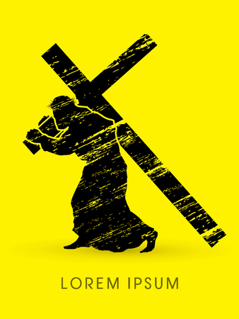 Silhouette, Jesus Christ carrying cross, designed using grunge graphic vectorのイラスト素材
