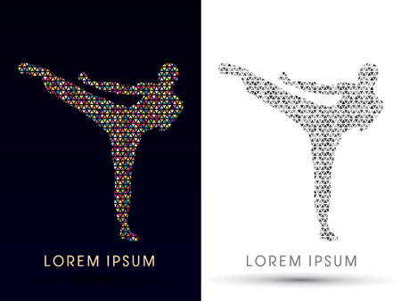 Kung fu  pose, man kicking designed using colorful triangle mosaic pattern graphic vector.のイラスト素材