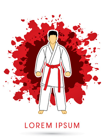 Karate suit with red martial arts belts on grunge splash background graphic vector.のイラスト素材