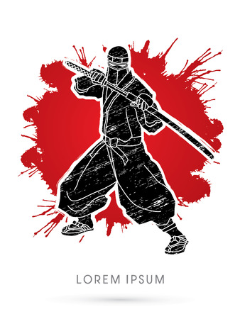 Ninja and sword on splash grunge background graphic vector.のイラスト素材