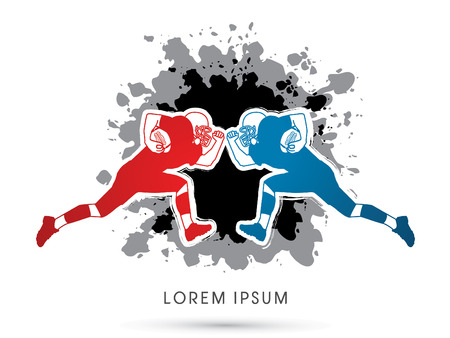 American football player running to attack, designed using red and blue colors on splash grunge  background graphic vectorのイラスト素材