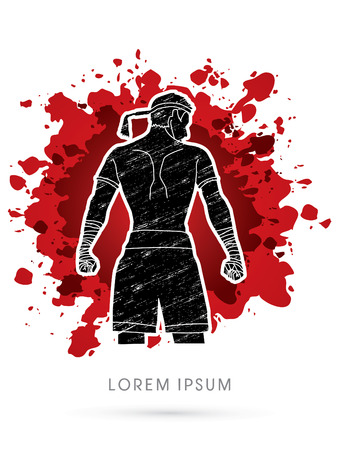Muay Thai, Sportsman kick boxer, Smart standing designed using grunge brush on splash blood background graphic vector.のイラスト素材