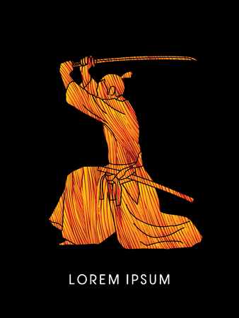 Samurai with katana sword, Aikido action, designed using line fire graphic vector.のイラスト素材