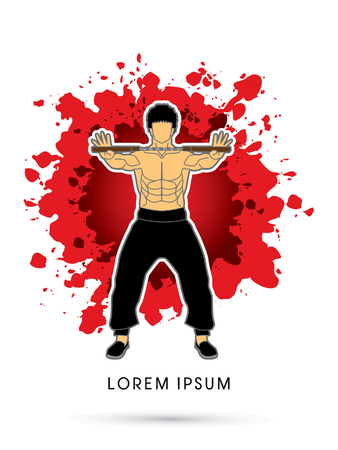 Man and nunchaku ready to Fight designed on splash blood background graphicのイラスト素材