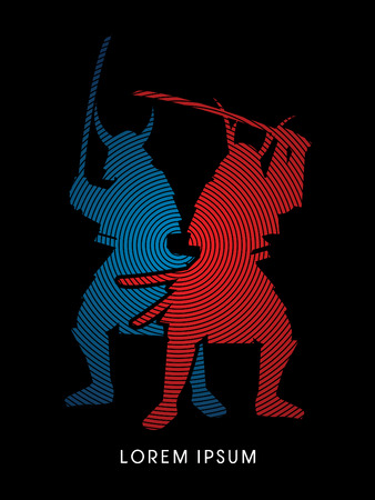 Silhouette, Twin Samurai Warrior with sword, designed using red and blue circle line graphic vector.のイラスト素材