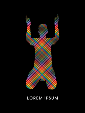 Kneeling Man Praying, designed using colorful line pixels graphic vector.のイラスト素材