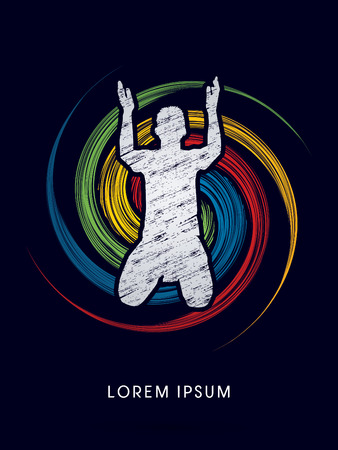 Kneeling Man Praying, designed on colorful spin background graphic vector.のイラスト素材