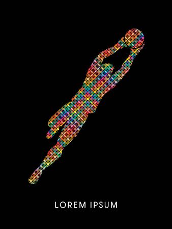 Goalkeeper jumping, catches the ball designed using colorful line pixels graphic vector.のイラスト素材