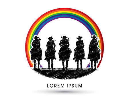 Silhouette, Cowboy Gangs on horse, designed using grunge brush on rainbows graphic vectorのイラスト素材