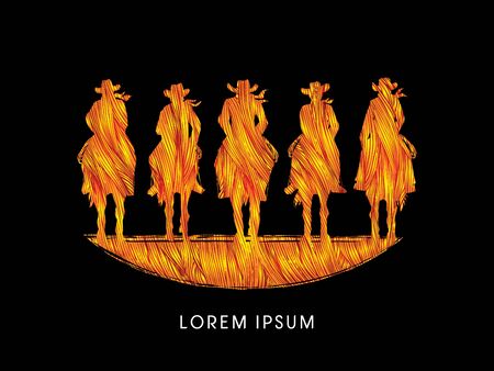 Silhouette, Cowboy Gangs on horse, designed using fire brush graphic vectorのイラスト素材