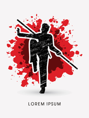 Kung Fu, Wushu with stick pose, designed using grunge brush on splash blood graphic vector.のイラスト素材