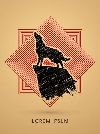 Wolf howling, designed using grunge brush on line square graphic vector.のイラスト素材