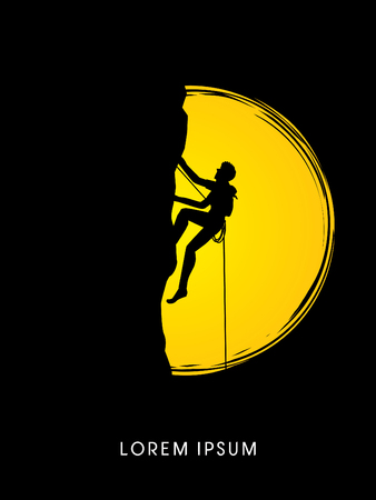 Silhouette Man climbing on a cliff, designed on moonlight background graphic vector.のイラスト素材