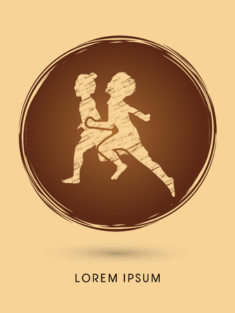 Children, Little Boy and girl running designed on grunge circle graphic vector.のイラスト素材