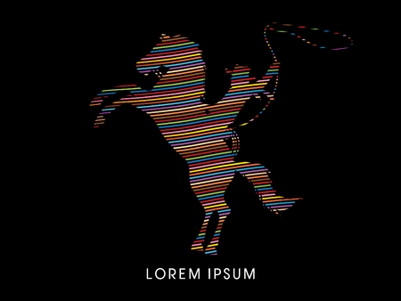 Silhouette, Cowboy on bucking horse with lasso, designed using line colorful graphic vector.のイラスト素材