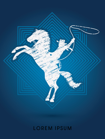 Silhouette, Cowboy on bucking horse with lasso, designed using grunge brush on line square background graphic vector.のイラスト素材