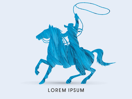 Cowboy on bucking horse running with lasso, designed using grunge blue brush graphic vector.のイラスト素材