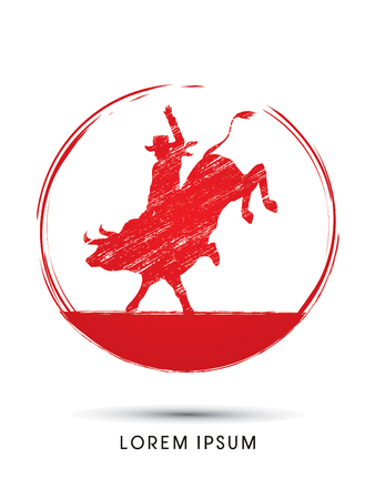 Cowboy on bucking cow jumping, design using grunge brush graphic vector.のイラスト素材