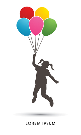 Little Girl jumping with balloons graphic vector.のイラスト素材