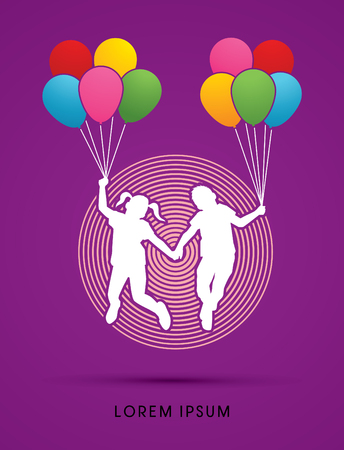Little Boy and girl jumping with balloons designed on line circle background graphic vector.のイラスト素材