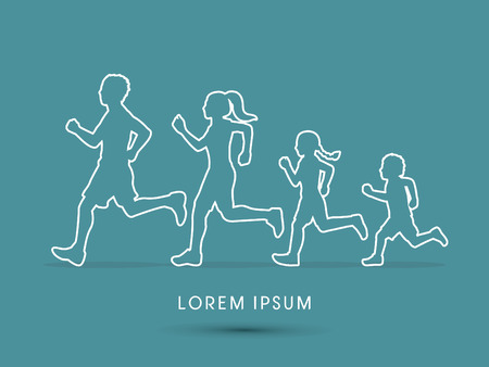 Family running silhouettes, outline graphic vectorのイラスト素材