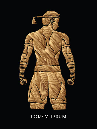 Muay Thai, Thai Boxing Sport pose, design using gold grunge brushのイラスト素材