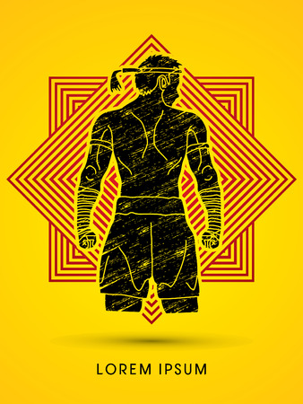 Muay Thai, Thai Boxing, Sport pose, design on line square backgroundのイラスト素材