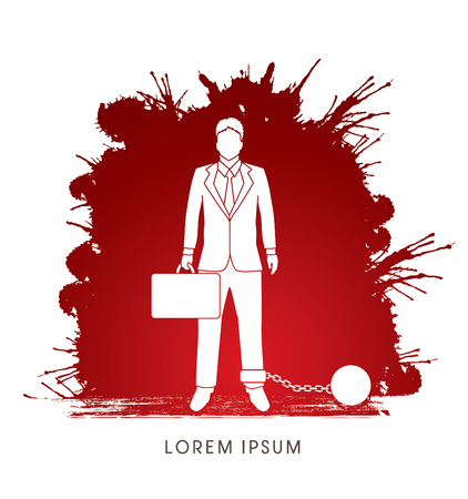 Businessman dragging with ball and chain designed on splash blood background graphic vector.のイラスト素材