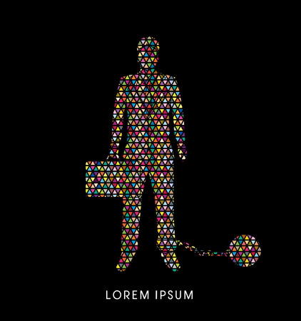 Businessman dragging with ball and chain designed using colorful mosaic graphic vector.のイラスト素材