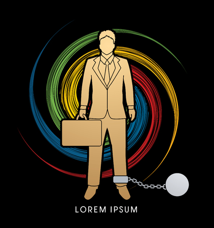 Businessman dragging with ball and chain designed on spin wheel background graphic vector.のイラスト素材